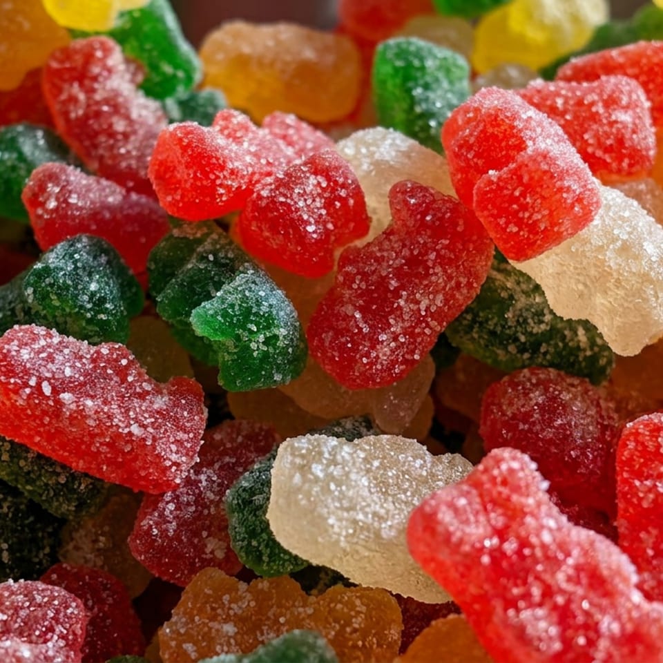 Close-up of colorful sugar-coated gummy candies in red, green, yellow, orange, and white.