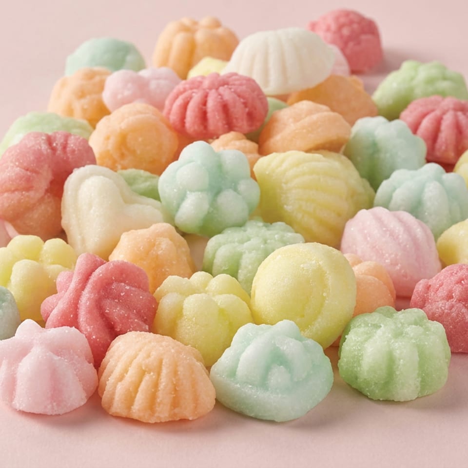 Assorted pastel-colored, sugar-coated candies in playful molded shapes arranged on a pink background.